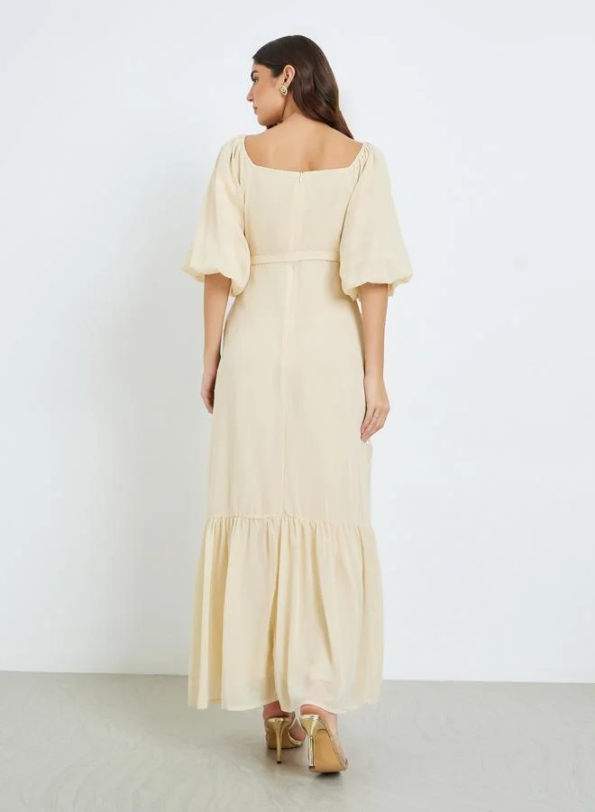 Styli  Women Beige Embroidered Ruffled Hem Maxi Dress for Women | Best Price UAE